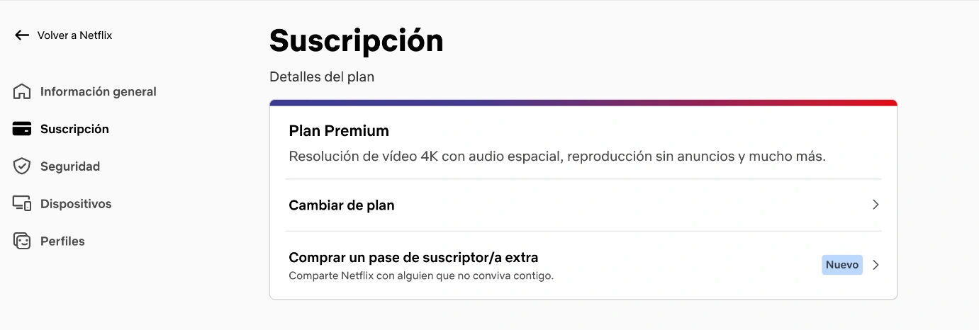 Ajustes de la cuenta de Netflix para cambiar el plan