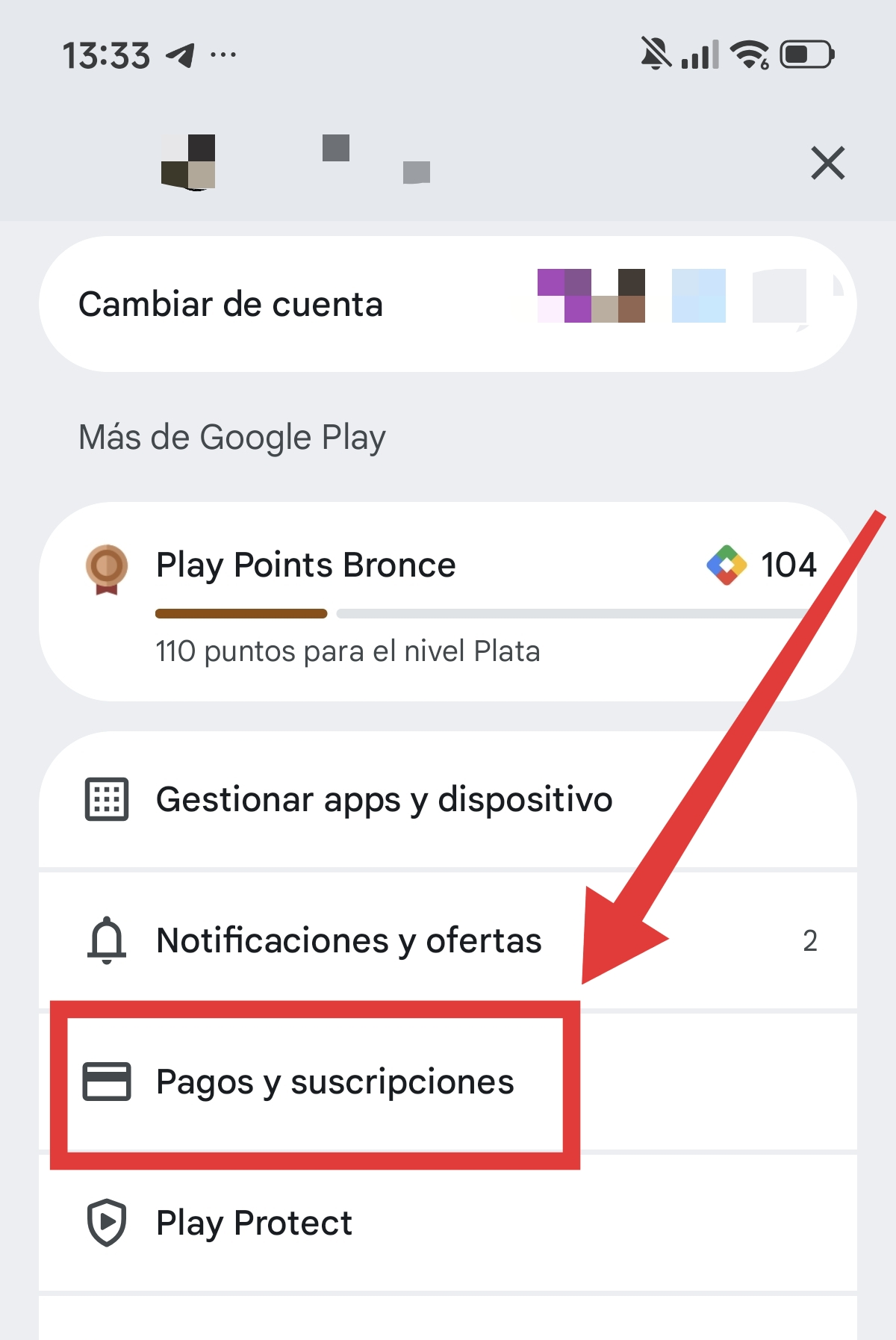Menú de Google Play Store con la opción Pagos y suscripciones para cancelar YouTube Premium en Android