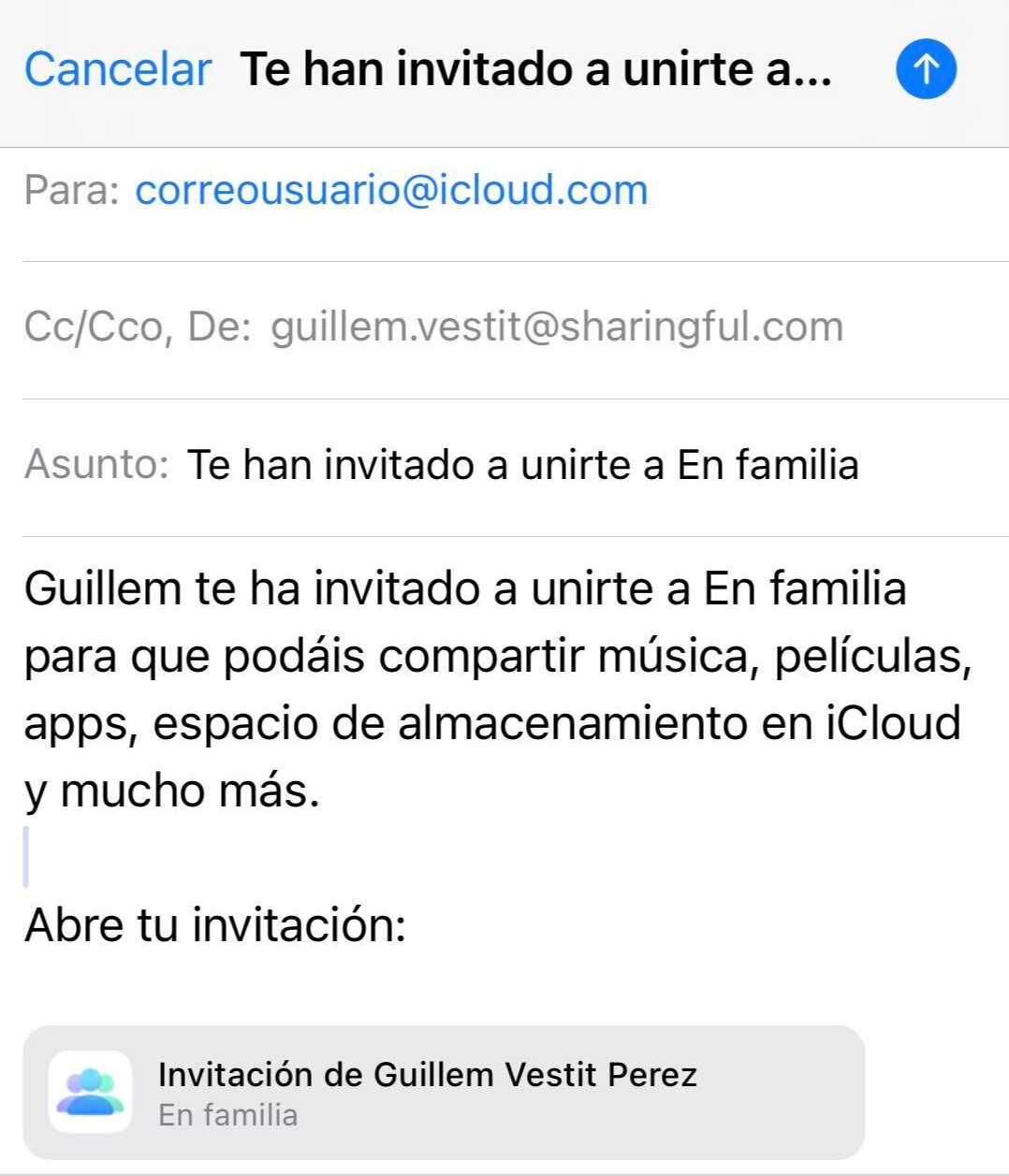 Enviar invitación del plan familiar de Apple