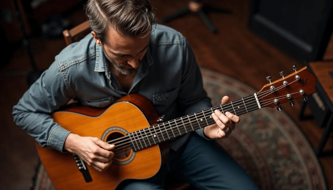 Persona aprendiendo a tocar la guitarra